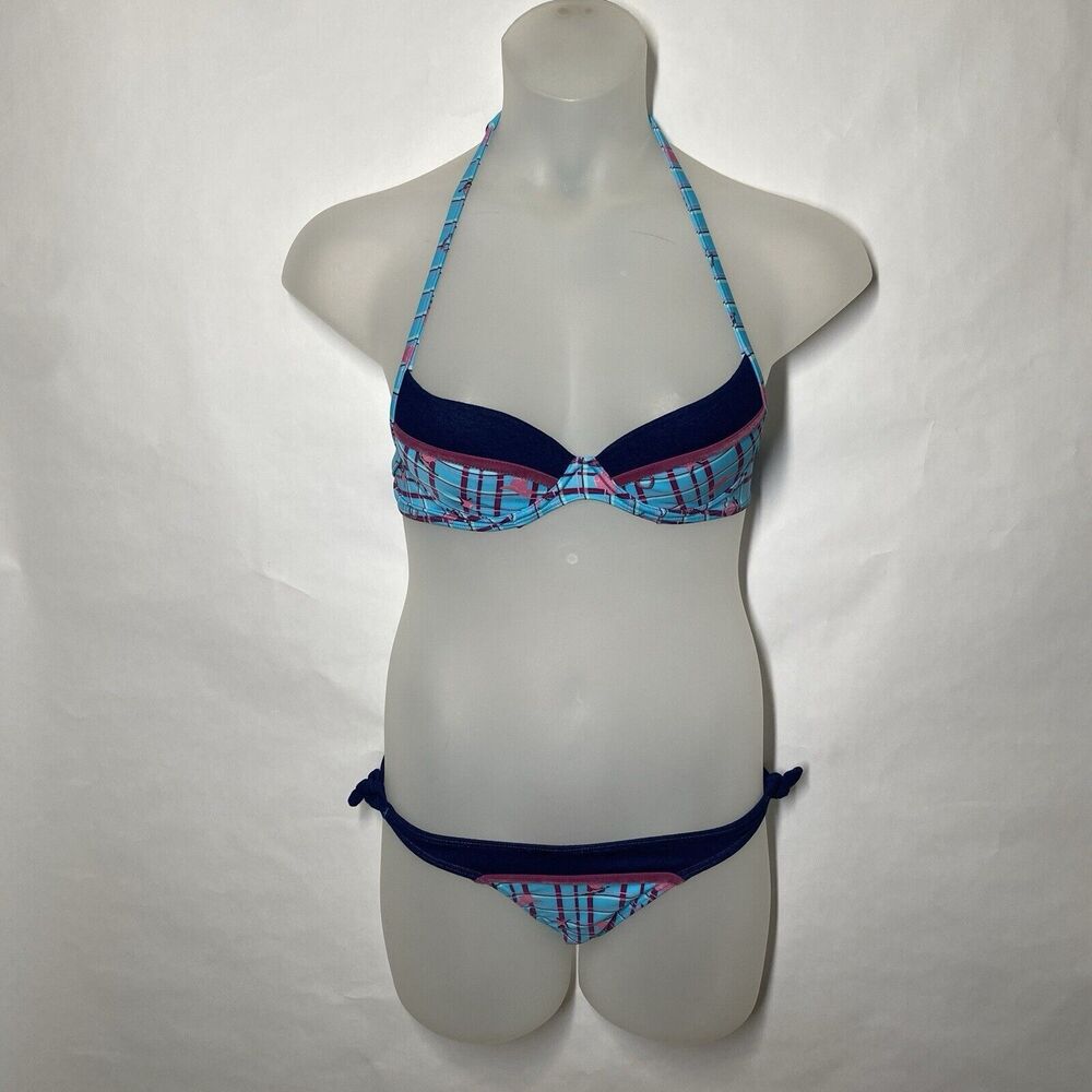 Cia.Maritima Brazilian 2-pc Bikini Size M Plaid Cowboy Blue Velvet Side Tie